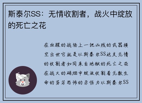 斯泰尔SS：无情收割者，战火中绽放的死亡之花